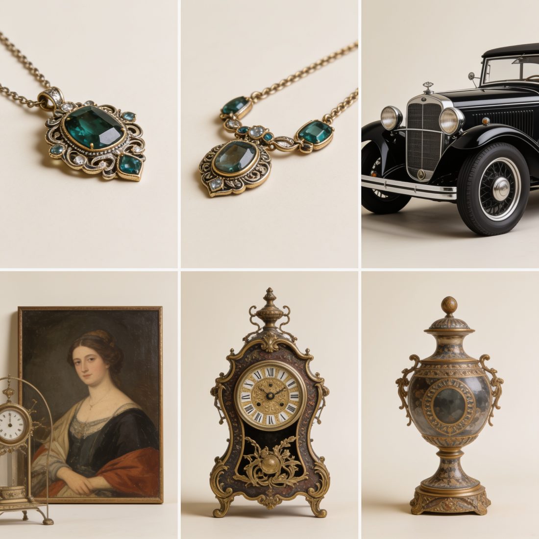 Emerald and crystal necklaces, an antique automobile, an oil portrait, an ornate clock, and a gilt urn