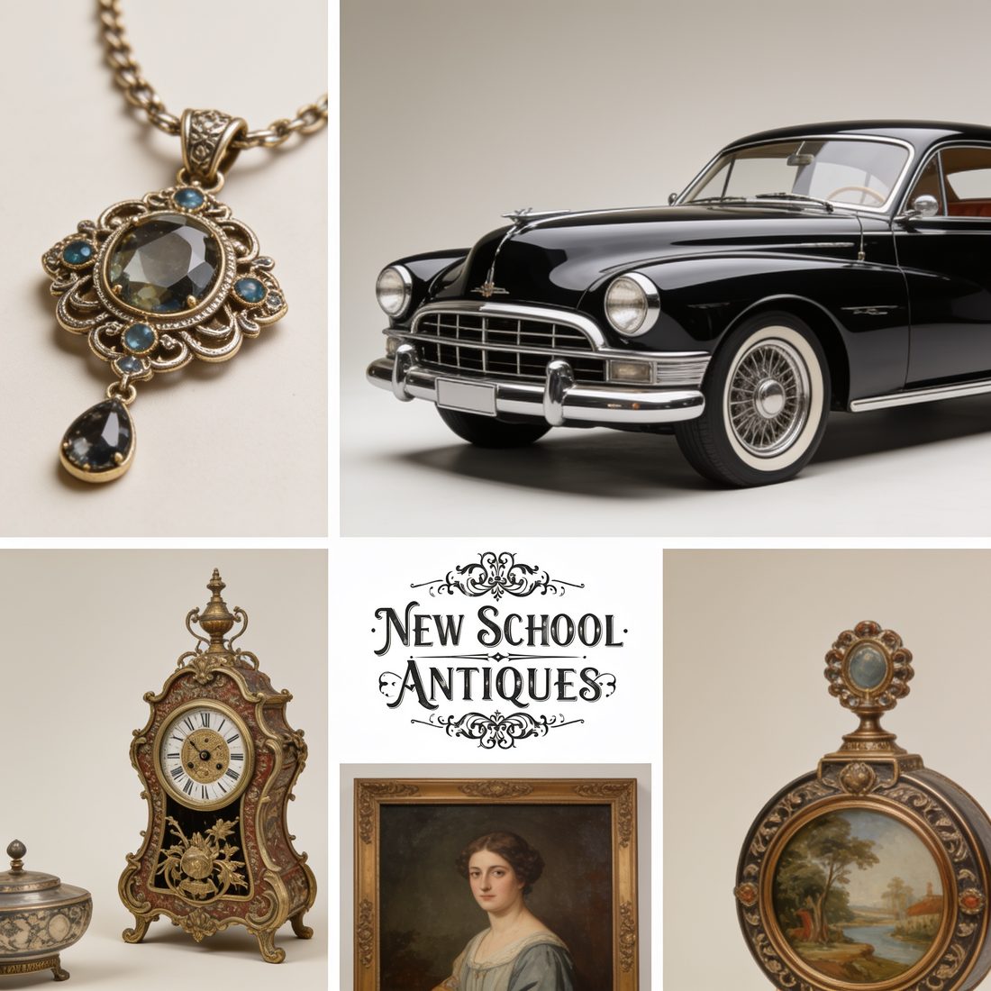 Collection of antique jewelry, a classic car, an ornate clock, and an oil portrait