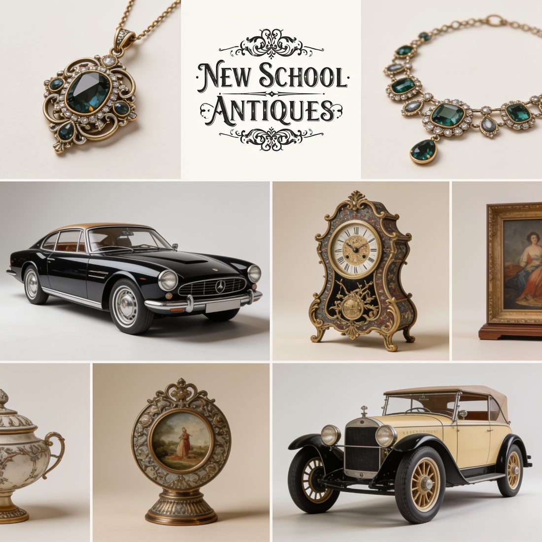 Antique pendant, emerald bracelet, classic automobiles, mantel clock, porcelain urn, and oil paintings