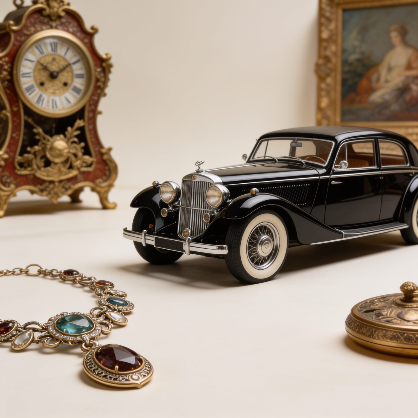 Ornate boulle mantel clock, classic black automobile, gilt-framed portrait, and a jeweled necklace