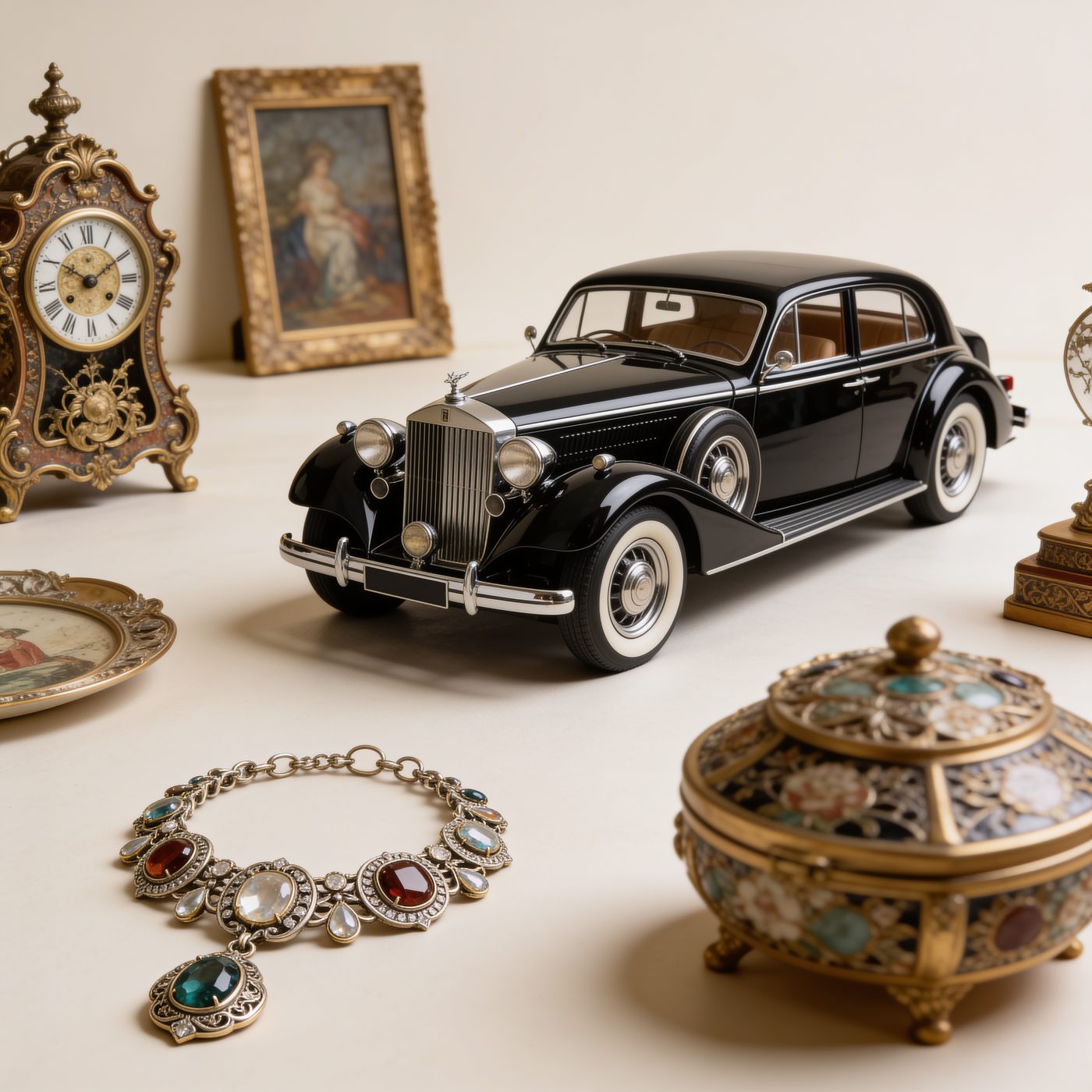 Vintage black automobile, ornate mantel clock, antique oil portrait, jeweled bracelet, and a gilded keepsake box styled together